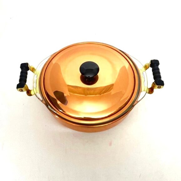 Vintage Copper Carrier with Glass Casserole Insert Handles Footed - Picture 3 of 8